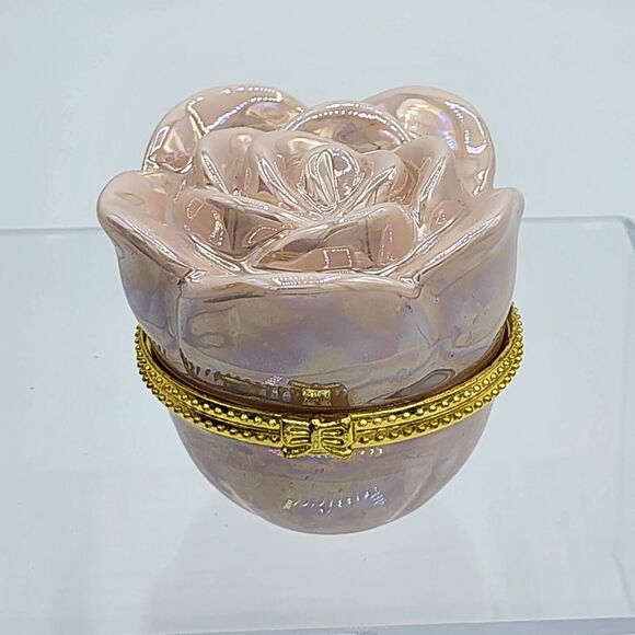 MARY KAY Ceramic Iridescent Pearl Pink Flower/Rose Hinged Trinket Box message - Picture 5 of 6
